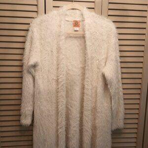 Ruby Road White Fuzzy Mohair Cardigan Sweater with Silver Sequins. L